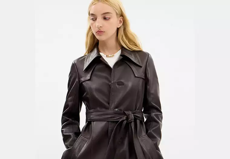 Single Breasted Leather Trench Coat - Dark Brown