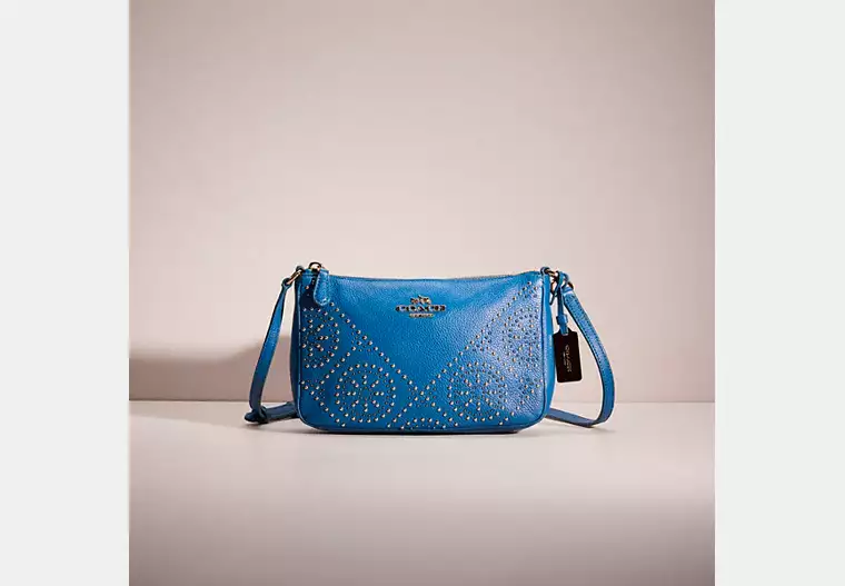 Restored Zip Top Crossbody With Studs - Light Gold/Denim