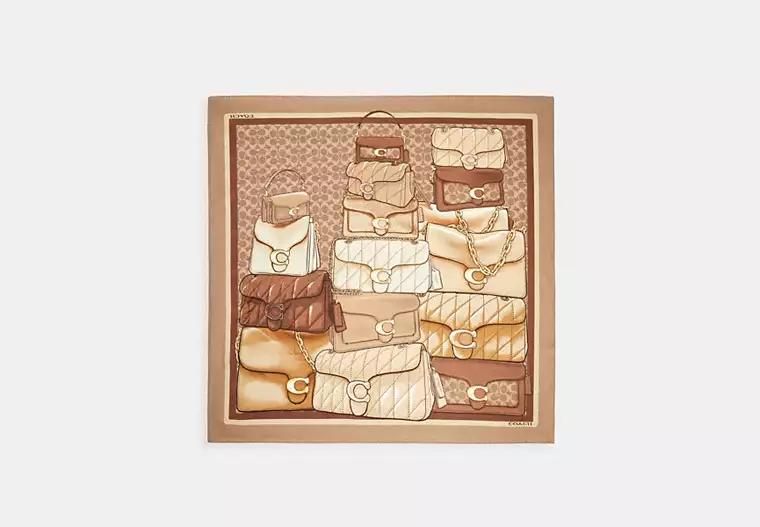 Stacked Tabby Bags Print Silk Square Scarf - Tan