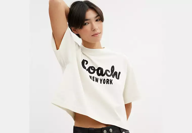 Cursive Signature Cropped T-Shirt - Cream